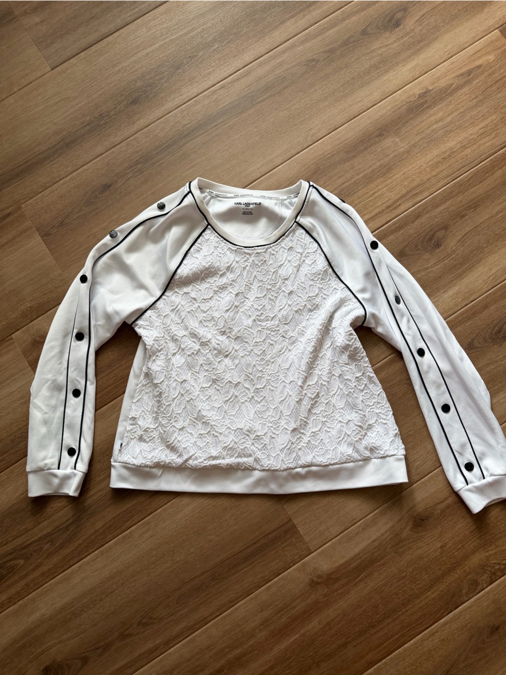 Karl Lagerfeld White Lace Front Sleep Top with Black Piping
